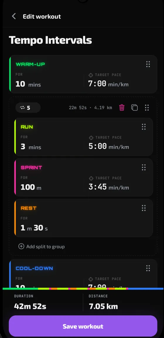 Onome workout builder: editing a tempo intervals plan