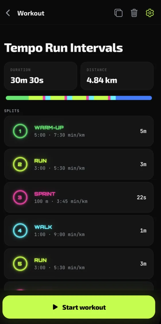 Onome workout detail: a tempo run plan broken into splits